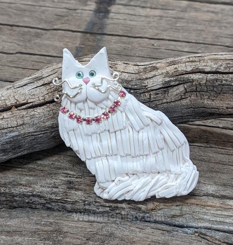 White Fluffy Cat with Rhinestones by Lisa Mondy